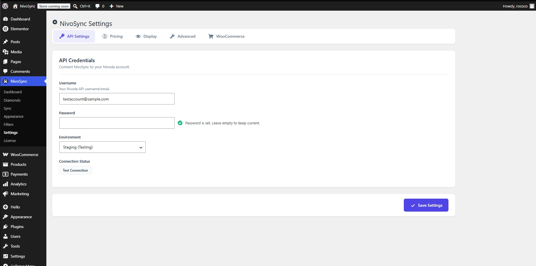 NivoSync Settings API tab showing empty username and password fields, ready for first-time configuration