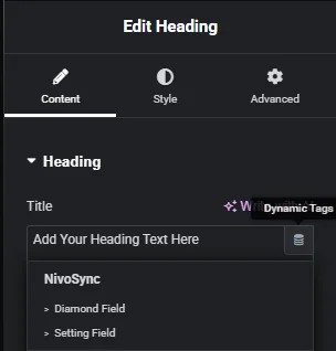 Elementor's dynamic tag picker showing the NivoSync tags