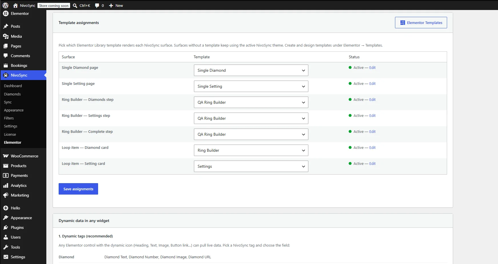 The template assignments table mapping NivoSync surfaces to Elementor templates